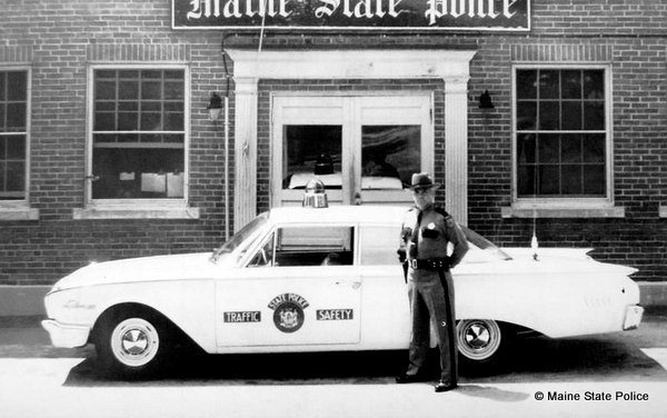 1960-Trooper Herman Boudreau at Maine State Police HQ Augusta with Special Edition Highway Safety Ford