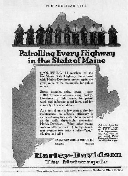 1923 Harley Davidson motorcycle advertisement featuring the Maine Highway Patrol