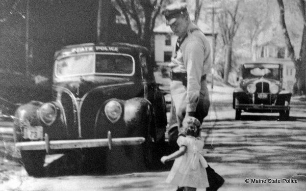 1938 Summer Old Town, Maine-Trooper Bill Hilchie and daughter Noni in Highway Safety Photo
