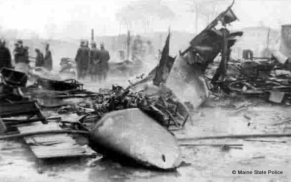 1944 - Troopers on scene after US Army Bomber crashes into a trailer park in South Portland, killing 19 