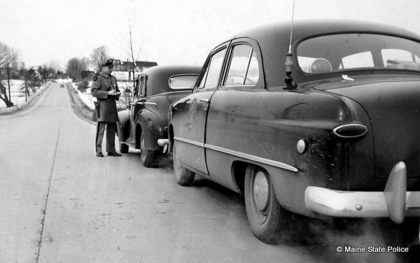 1950s Maine Trooper Lloyd Leighton traffic stop. 1948 Ford Cruiser, violator is 41 Chevy