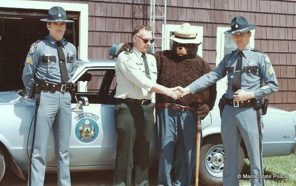 1982 - West Paris Maine Substation - Cpl Savage, Ranger Hill, Smoky the Bear, Sgt. Smith 81 Chevy Mailbu