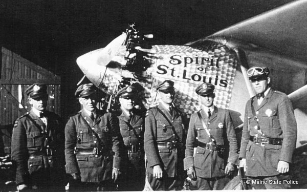 1927 - Spirit of St. Louis lands at Old Orchard Beach, ME. Troopers Sewall, Seamans,  Hancock, Wibe, Door, and Stevens