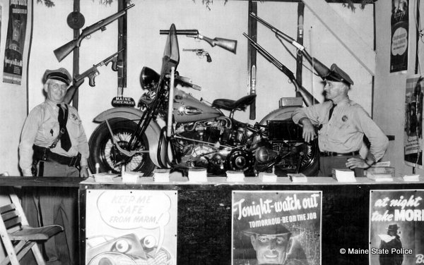 Trp. Sherman Hallowell Harold Carson promo booth 1942 Harley Davidson