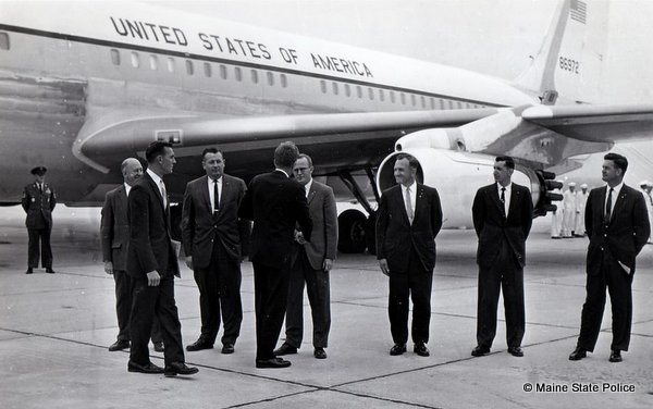 1963-President John F. Kennedy visits Maine. TRS. Edward Marks, Det. Millard Nickerson, Russ Bruton, Camille Carrier, Ken Higgins, Blaine Umbler
